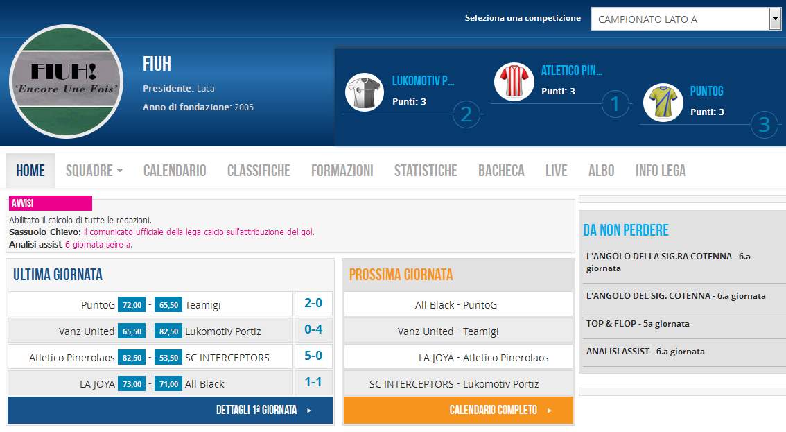 Risultati 1a giornata Campionato Lato A 2015-16